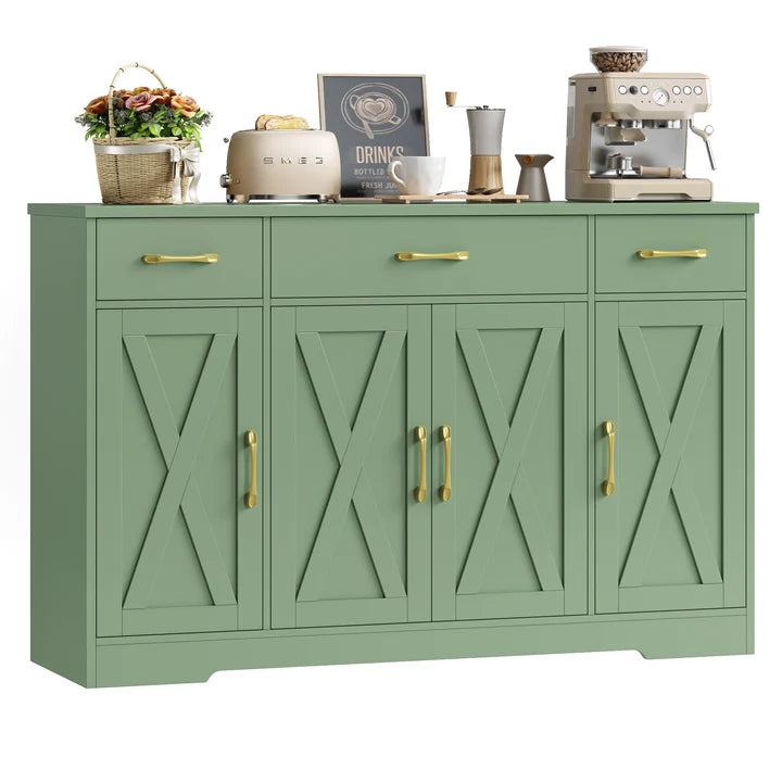 Homfa 55.1" Farmhouse Sideboard Storage Cabinet with 3 Drawers & 4 Doors – Green
