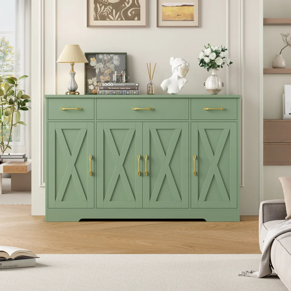 Homfa 55.1" Farmhouse Sideboard Storage Cabinet with 3 Drawers & 4 Doors – Green