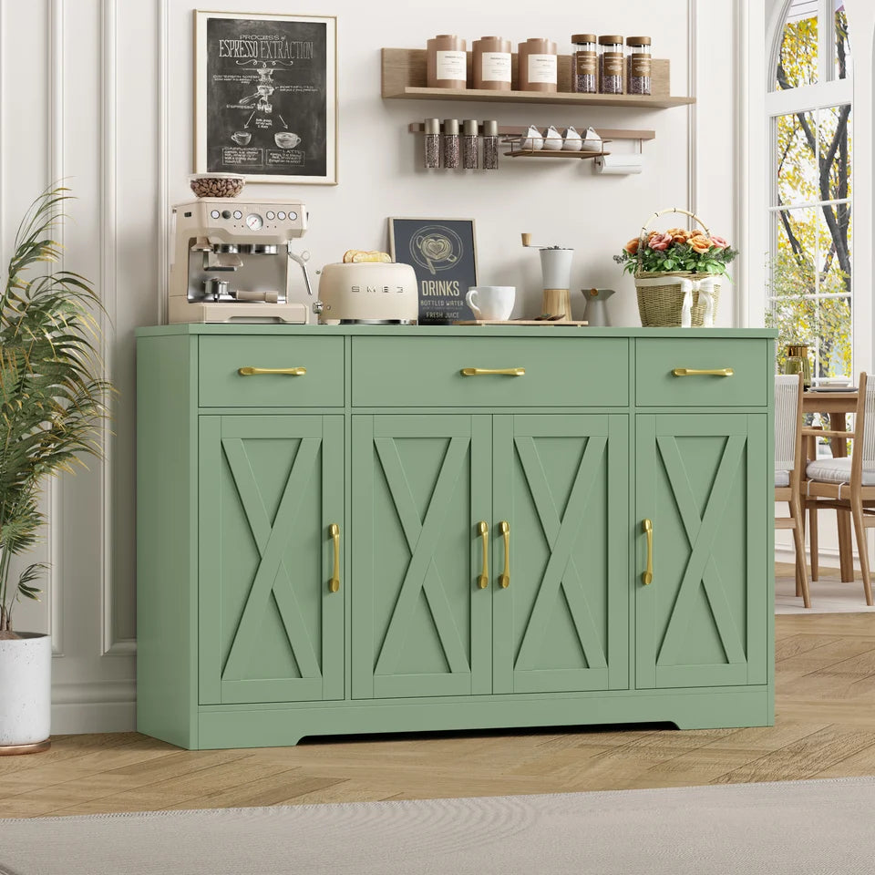 Homfa 55.1" Farmhouse Sideboard Storage Cabinet with 3 Drawers & 4 Doors – Green