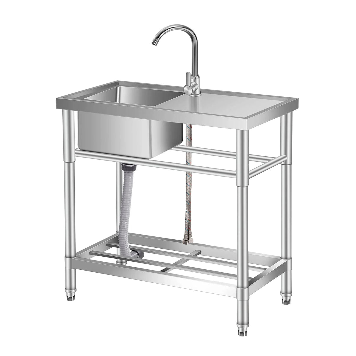 Garvee Freestanding Stainless Steel Utility Sink with 360° Gooseneck Faucet & Storage Shelf – 76 × 41 × 76cm
