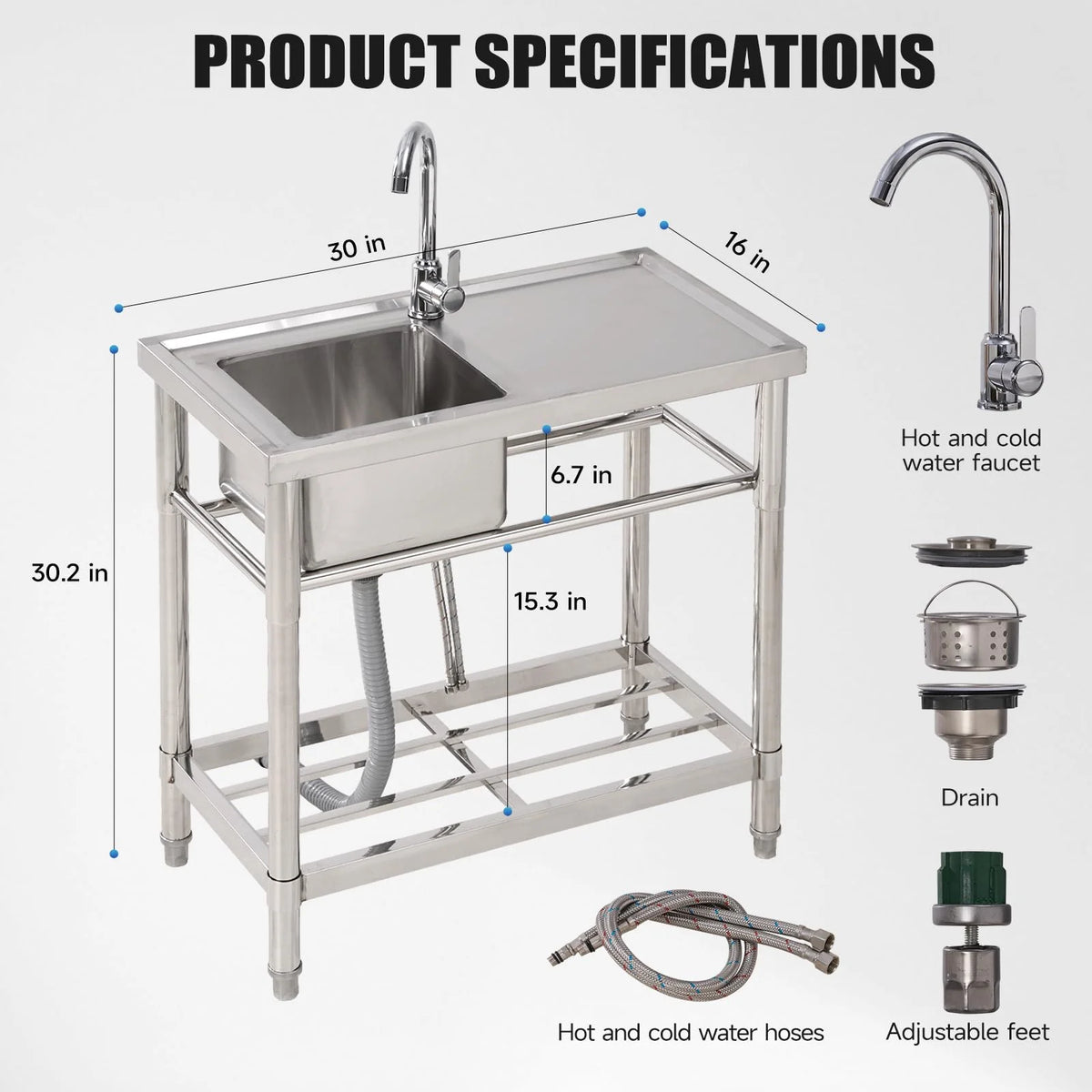 Garvee Freestanding Stainless Steel Utility Sink with 360° Gooseneck Faucet & Storage Shelf – 76 × 41 × 76cm