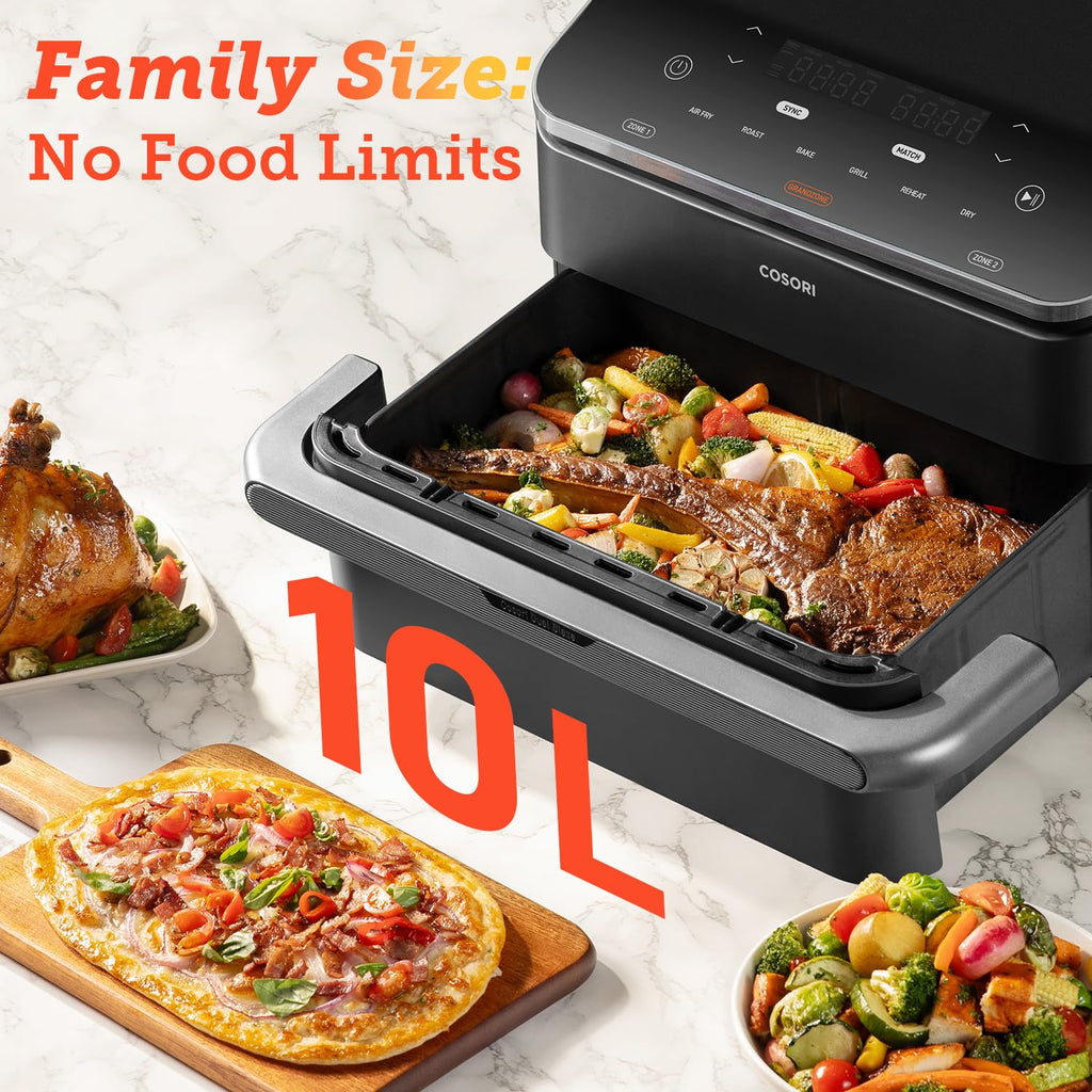 COSORI Dual Air Fryer TwinFry, 10L Flexible Capacity, Single & Double Zone Convertible, 4 Fast Heaters